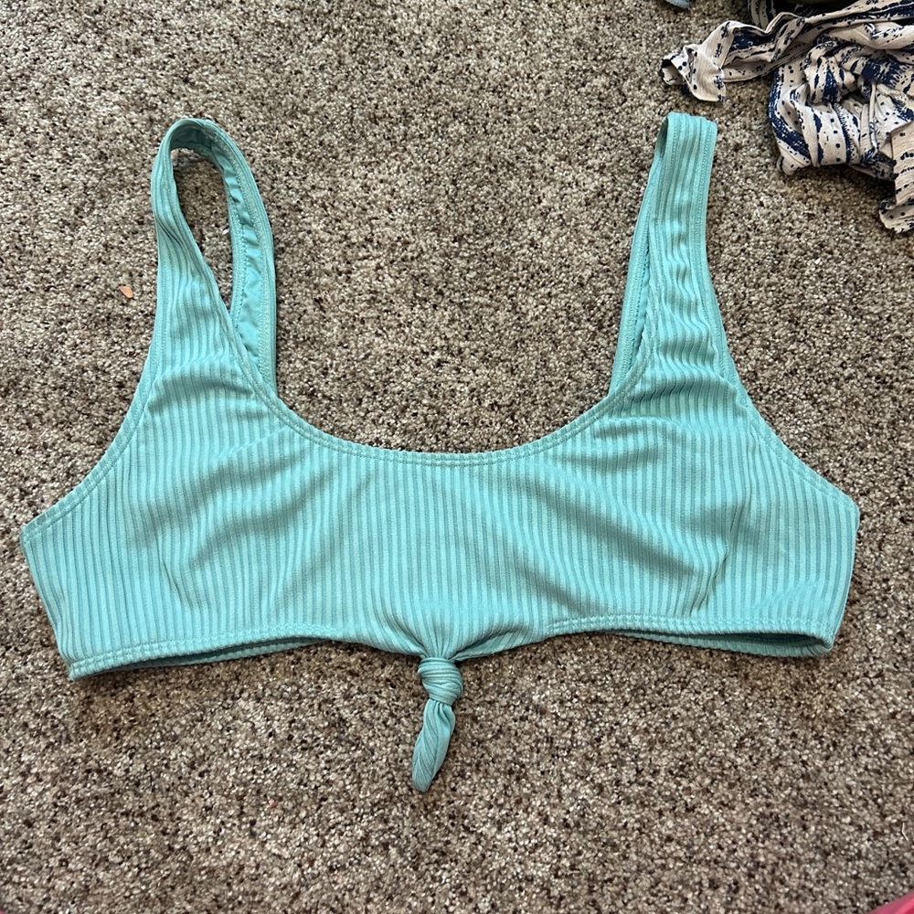 Aqua Ribbed Front Knot Front Bikini Top